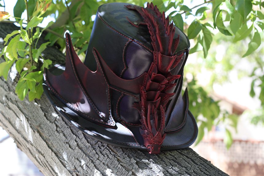 Dragon-crowned leather top hat