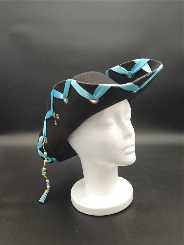 Black tricorn with sapphire ribbon