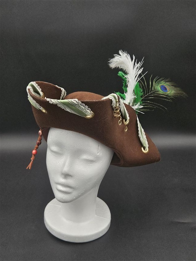 Brown tricorn with green ribbon and feathers