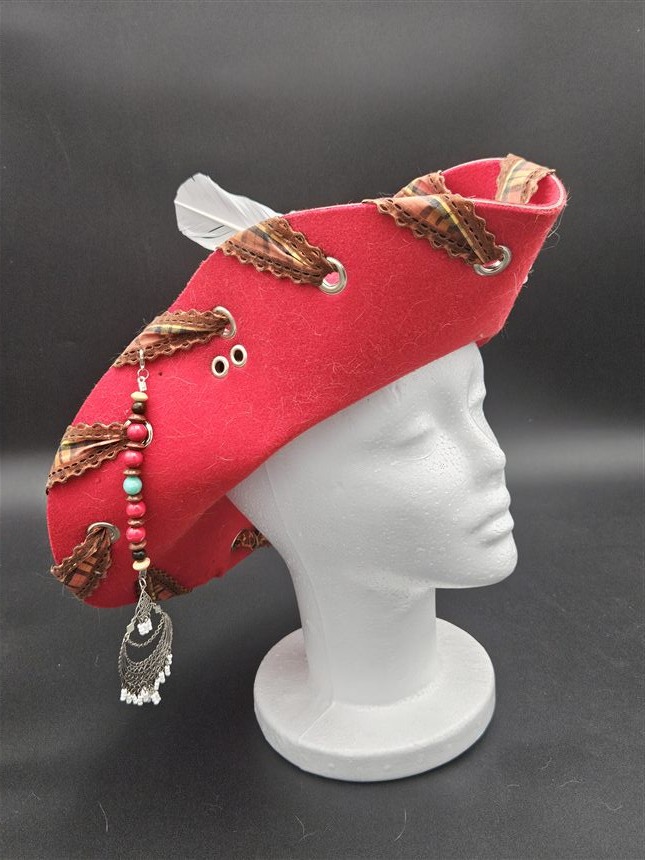 Red tricorn with plaid ribbon