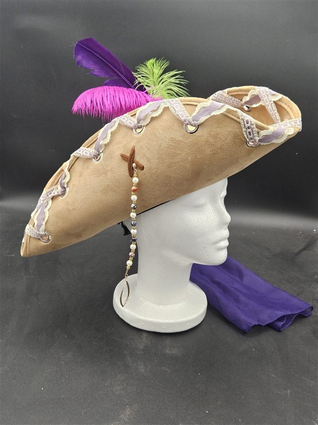 Tan tricorn with purple ribbon and feathers